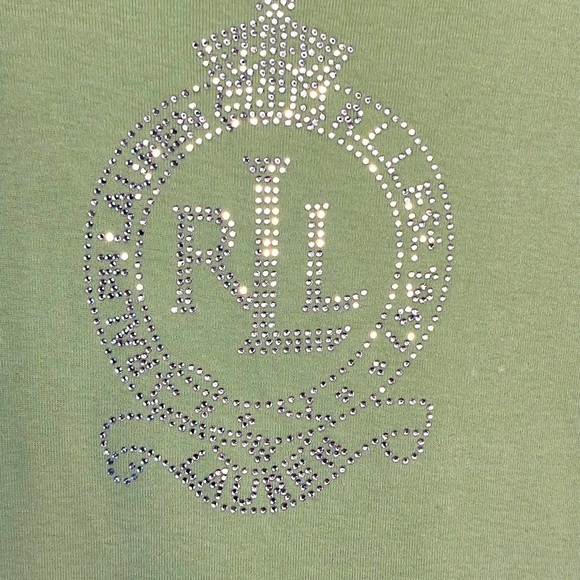 Lauren RALPH LAUREN WOMEN GREEN TEE•PETITE LARGE•CRYSTAL RLL ON FRONT - Picture 2 of 8